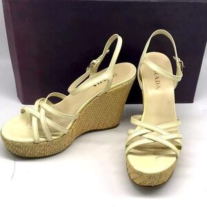Prada strappy straw wedge patent pastel yellow  ankle strap leather sandal sz 38